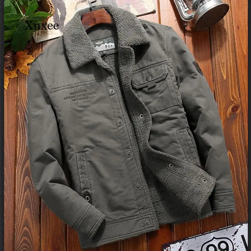 Winter Denim Jacket Men'S New Fleece Lining Thick Warm Men'S Jacket Casual Khaki Green Lamb Parka Men'S Fashion Jacket