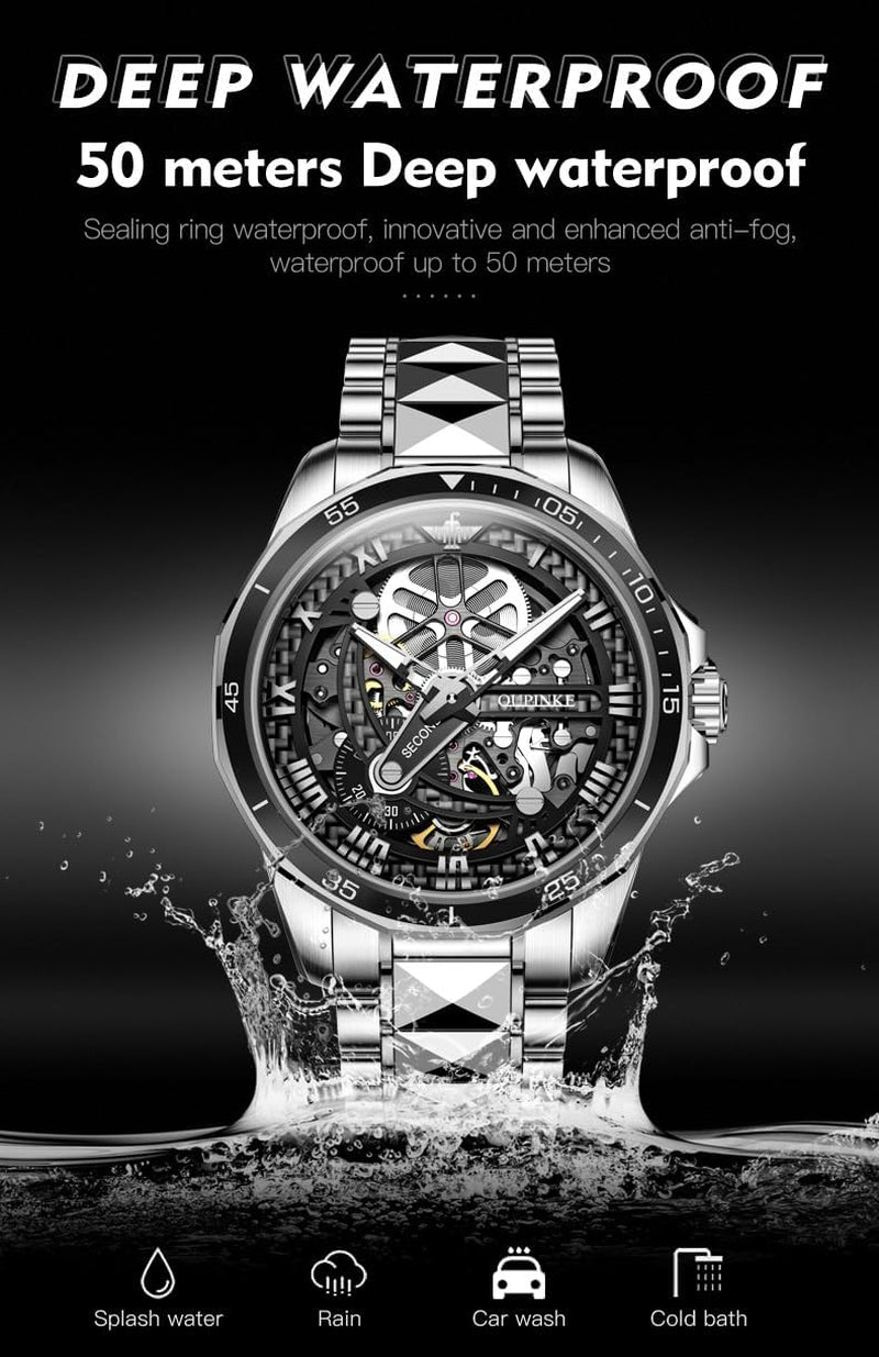 Men's Automatic Skeleton Watch – Luxury Black & Silver Mechanical Wristwatch, Waterproof, Luminous, with Sapphire Crystal