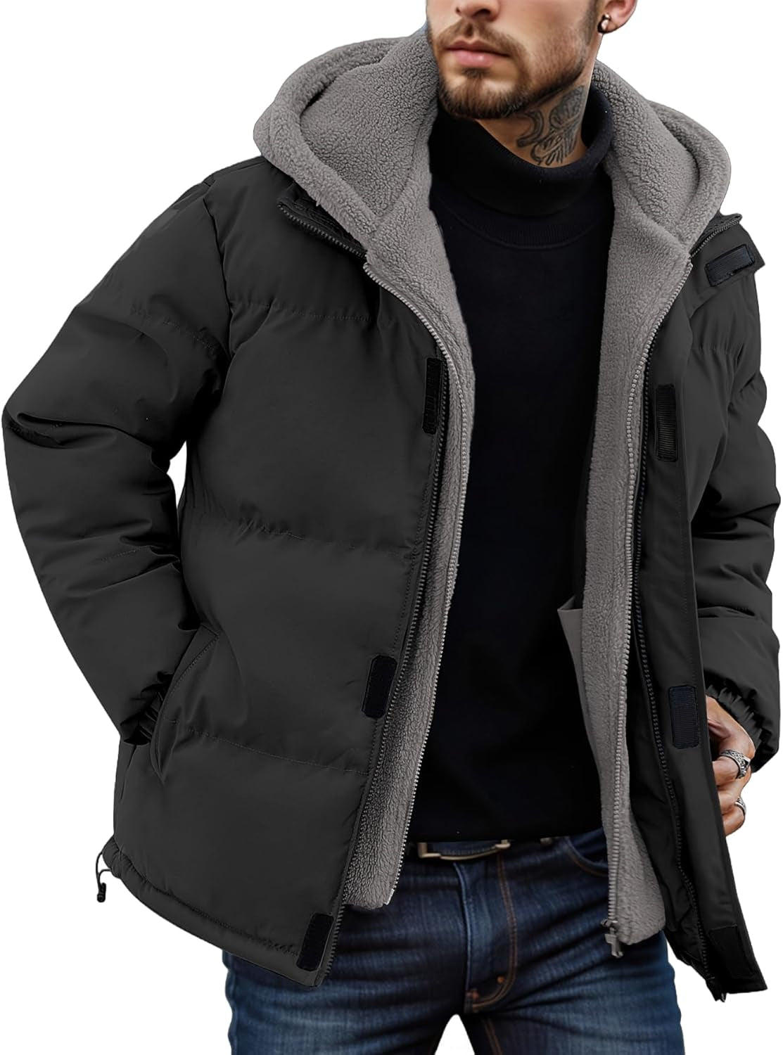 Men's Hooded Puffer Jacket - Thick Winter Coat with Stylish Design