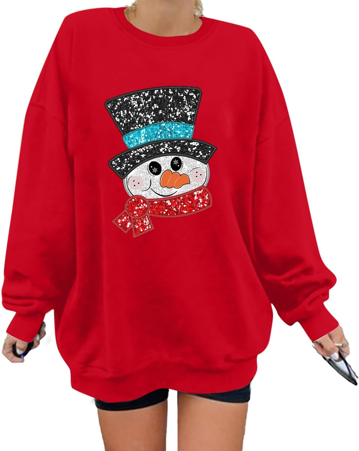 Sequin Christmas Sweatshirt Women Xma Glitter Snowman Print Sweaters Pullover Casual Long Sleeve Holiday Tops