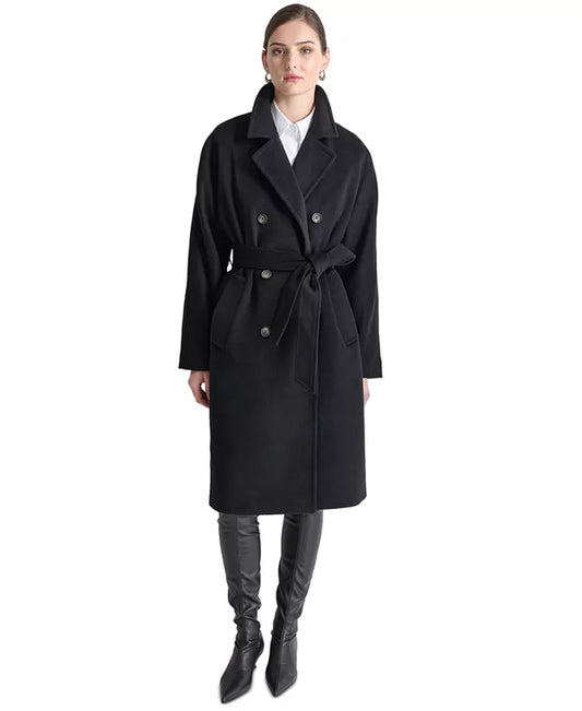 Elegant Women's Double-Breasted Wrap Coat with Belted Waist