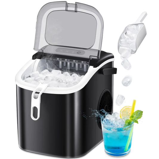 Portable Countertop Ice Maker - 26 lbs/Day, 9 Cubes in 6 Minutes, One-Click Operation, Includes Ice Scoop & Basket, Ideal for Kitchen, Bar, Party (Black)