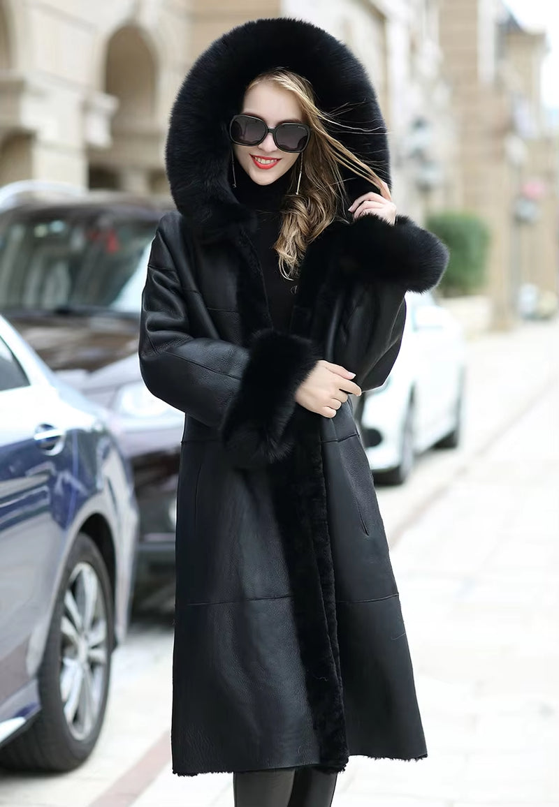 Elegant Women's Winter Shearling Coat with Luxe Fox Fur Hood – Warm & Stylish