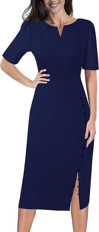 Women's Slim Fit Pleated V-Neck Midi Dress with Buttons