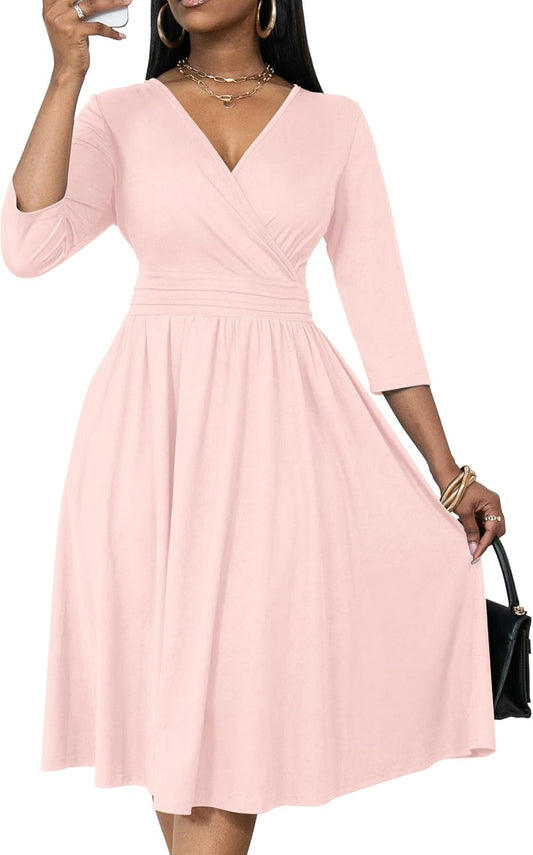 Women's V-Neck Wrap Midi Dress with Pockets and 3/4 Sleeves