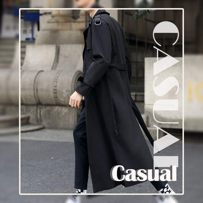 Men's Oversized Double-Breasted Trench Coat - Casual Windbreaker with Lapel, Long Jacket Overcoat