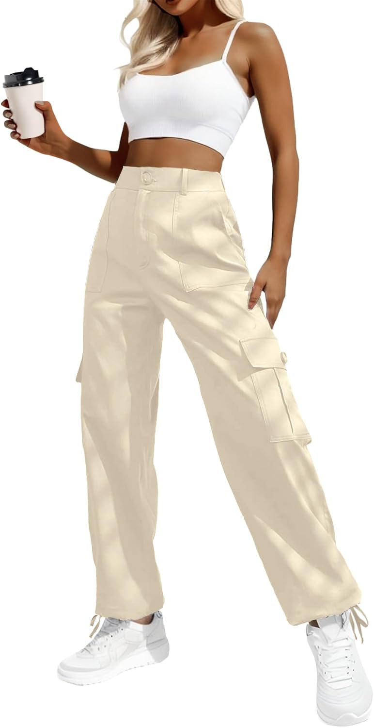 Women's High-Waisted Baggy Cargo Pants with Pockets and Drawstring Cuffs