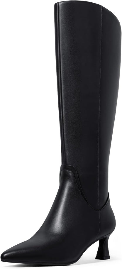 Women’s Knee-High Boots with Kitten Heel, Pointed Toe, and Full Side Zipper