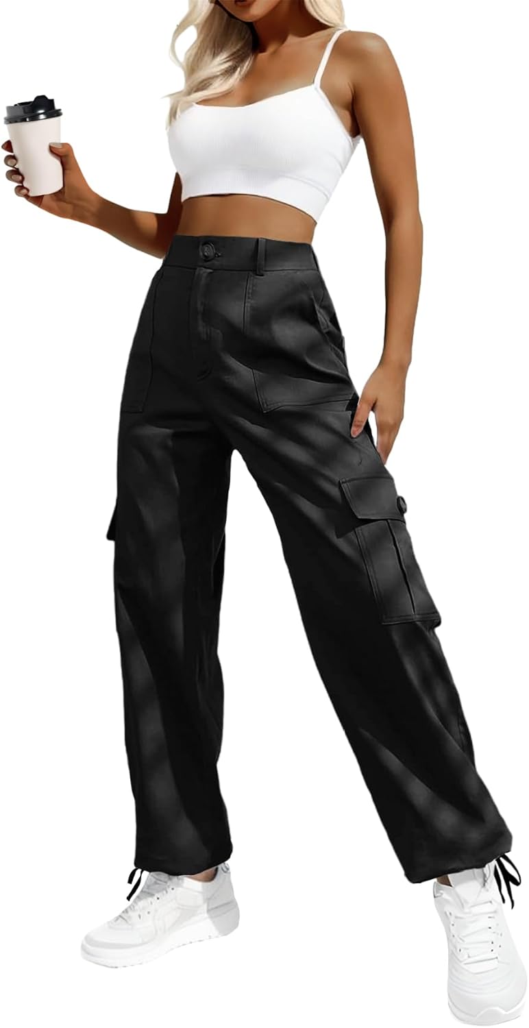 Women's High-Waisted Baggy Cargo Pants with Pockets and Drawstring Cuffs