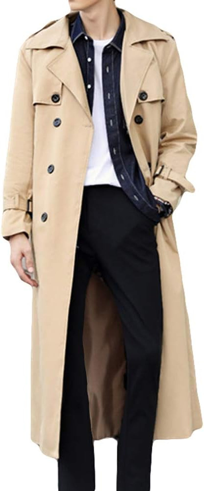 Men's Oversized Double-Breasted Trench Coat - Casual Windbreaker with Lapel, Long Jacket Overcoat