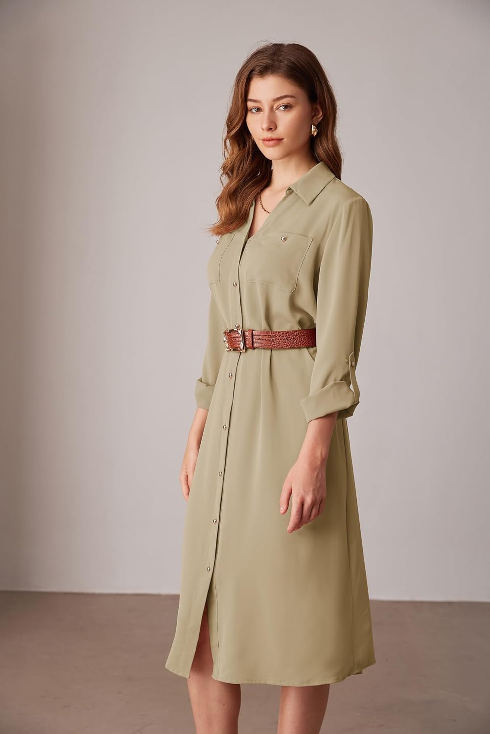 Women's Long Sleeve Button-Down Shirt Dress with Tie Waist