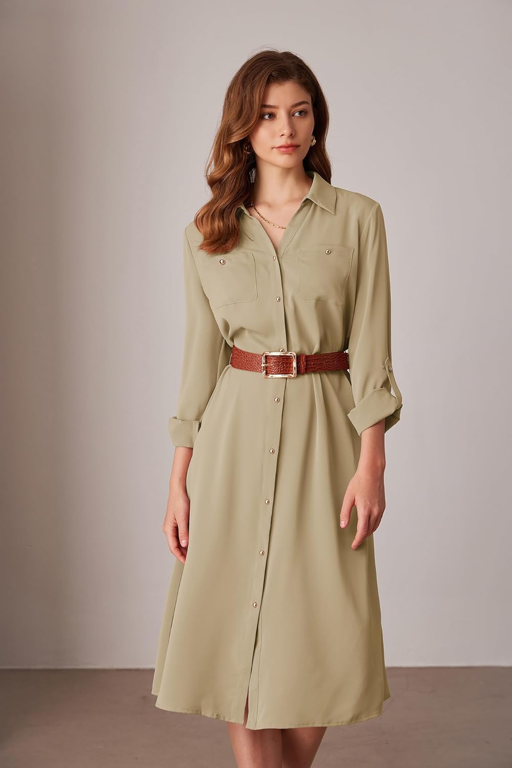 Women's Long Sleeve Button-Down Shirt Dress with Tie Waist