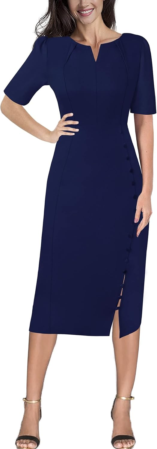 Women's Slim Fit Pleated V-Neck Midi Dress with Buttons