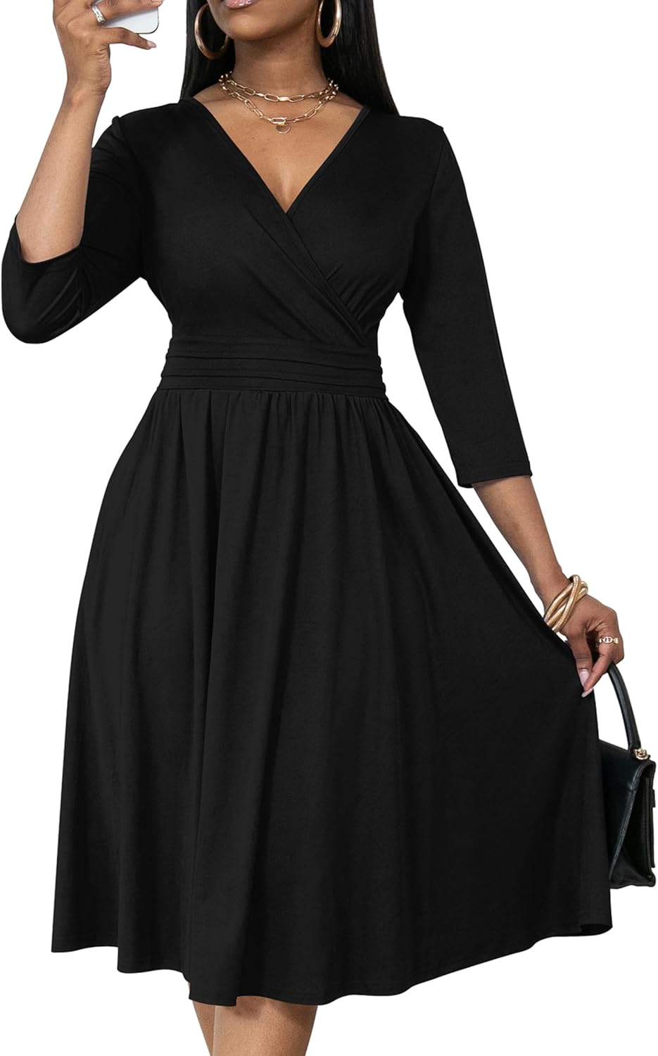 Women's V-Neck Wrap Midi Dress with Pockets and 3/4 Sleeves