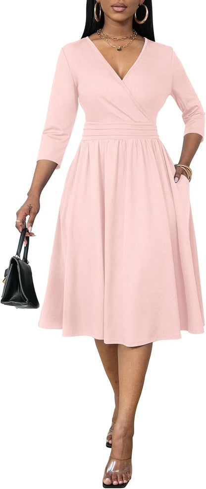 Women's V-Neck Wrap Midi Dress with Pockets and 3/4 Sleeves