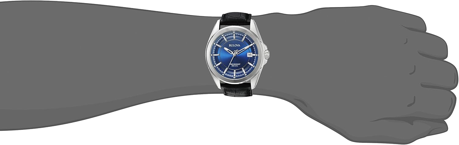 Bulova Men's Precisionist 3-Hand Calendar Stainless Steel Watch with Black Leather Strap and Blue Dial 