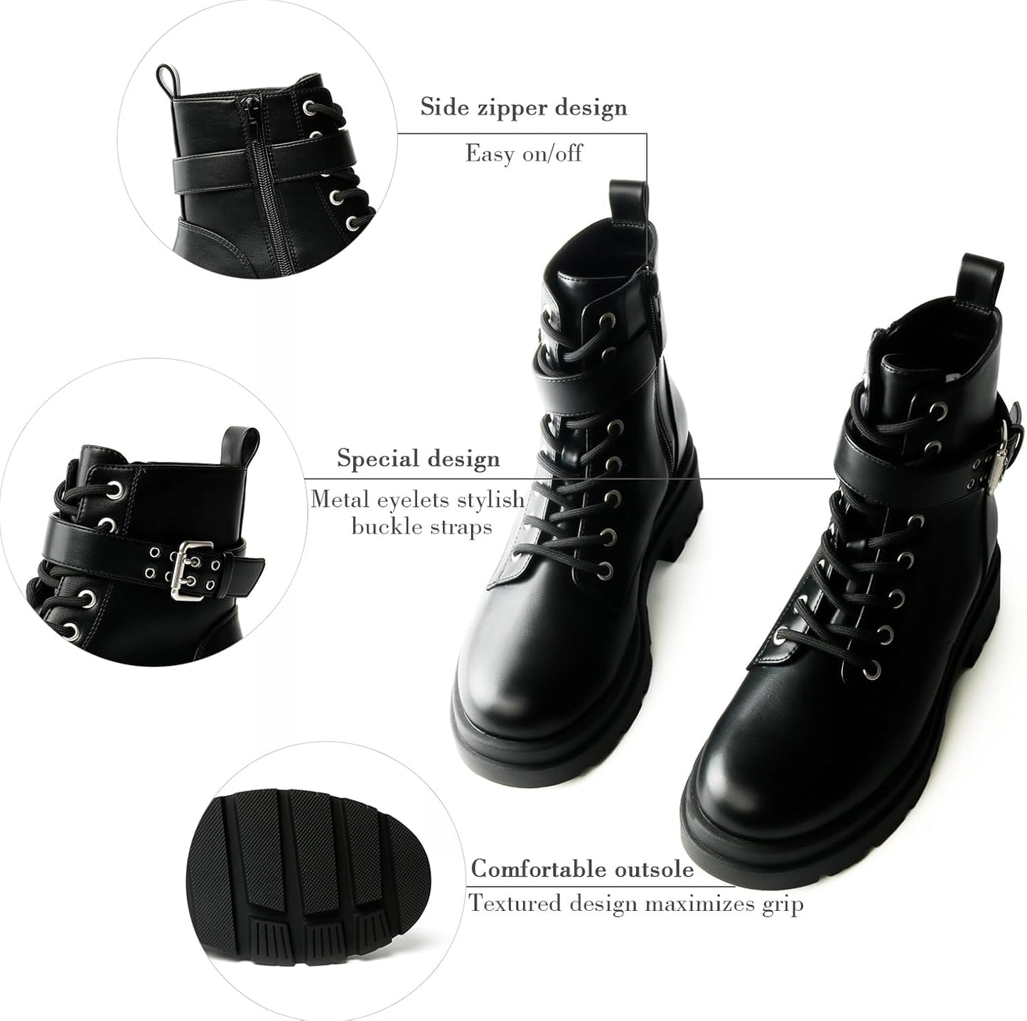 Women’s Ankle Boots with Low Heel, Zippers, Laces, and Buckle Straps