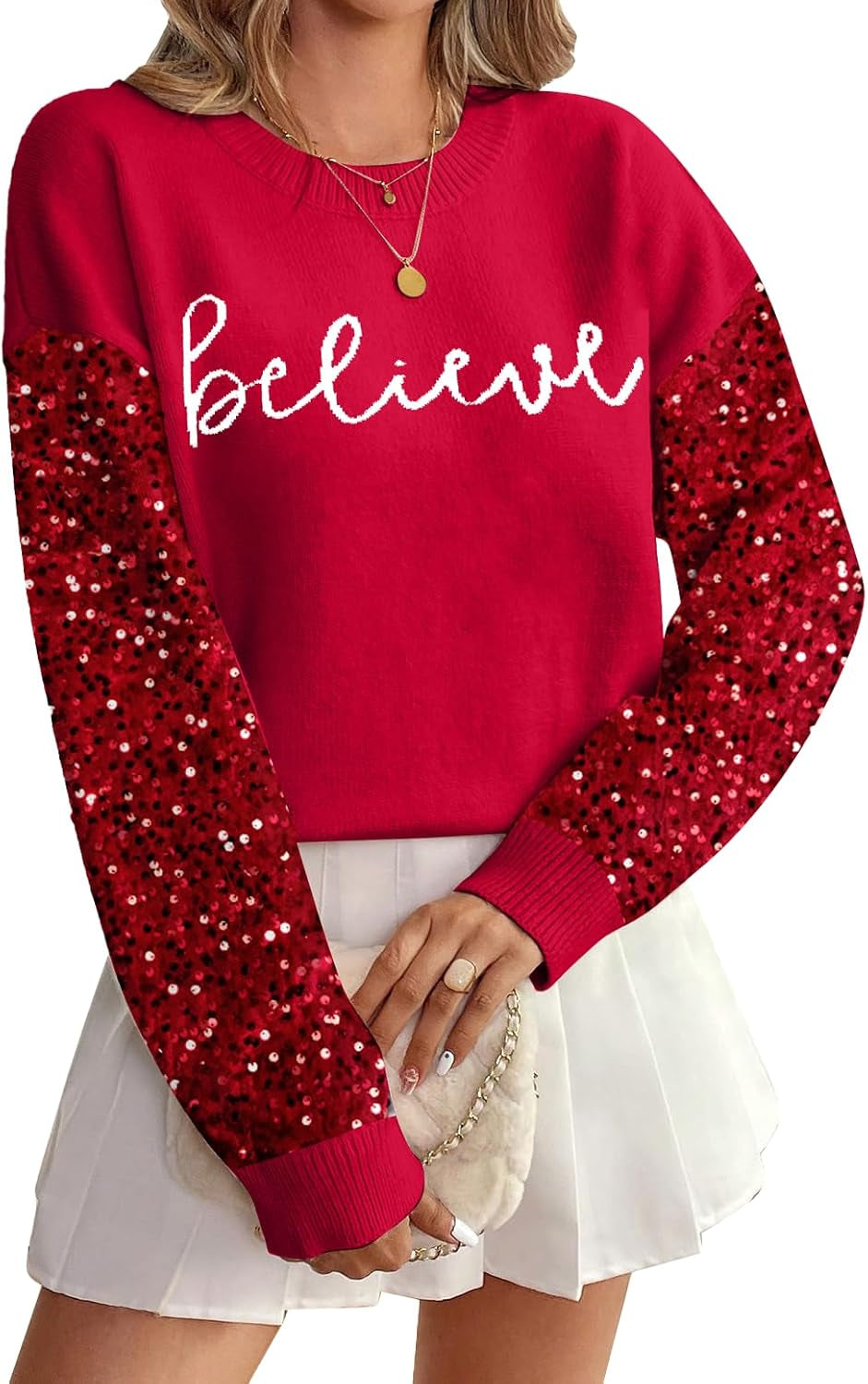 Sparkling Joy Christmas Sequin Sweater – "Believe" Holiday Edition