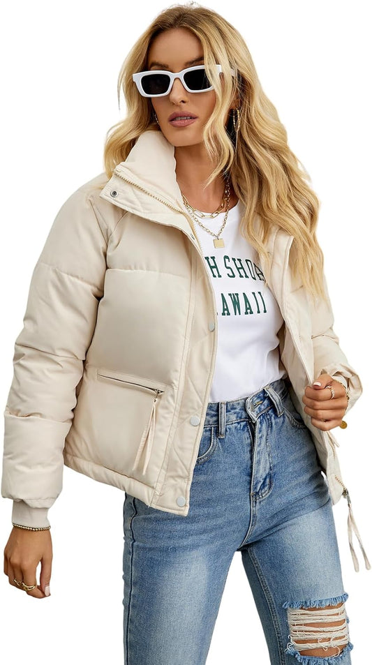 Women's Cropped Puffer Jacket with Stand Collar