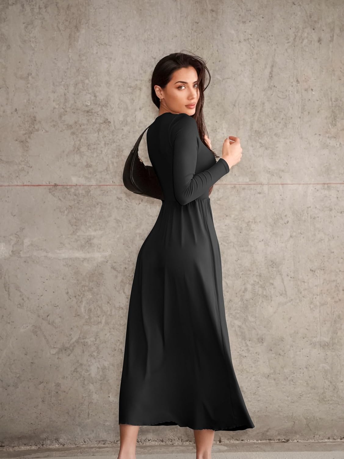 Women's Long Sleeve Ribbed Crew Neck Casual Midi Dress