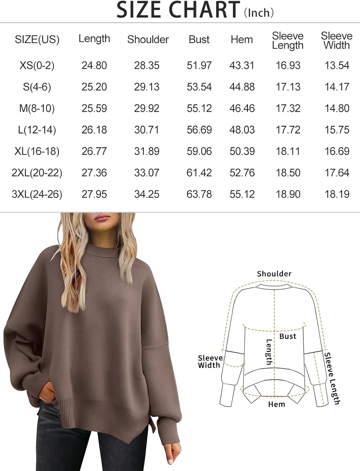 Women's Oversized Batwing Sweater - Ribbed Knit Crewneck Pullover with Side Slit