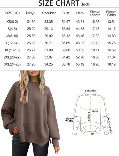 Women's Oversized Batwing Sweater - Ribbed Knit Crewneck Pullover with Side Slit