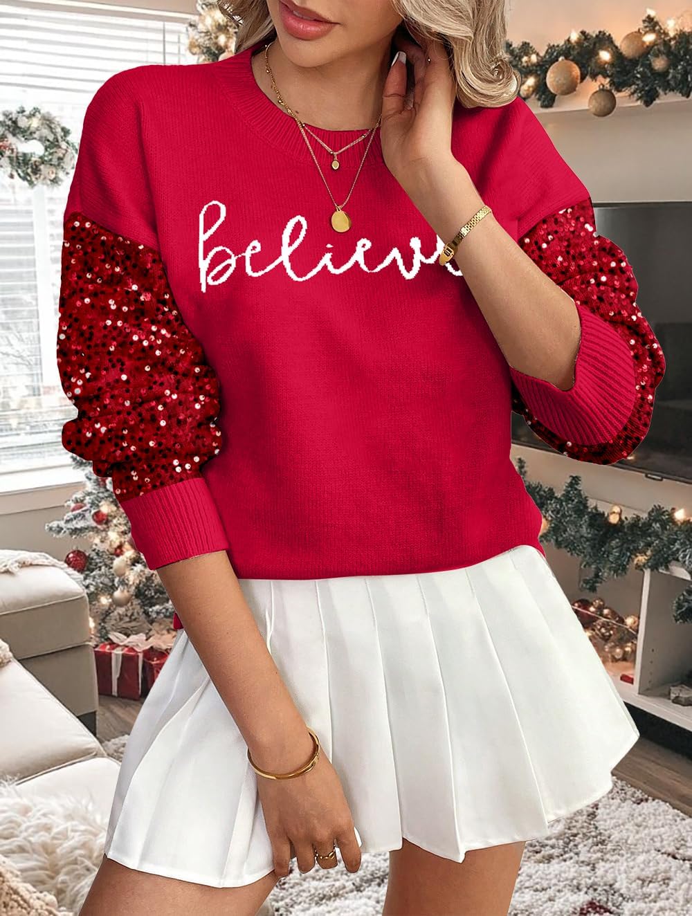 Sparkling Joy Christmas Sequin Sweater – "Believe" Holiday Edition