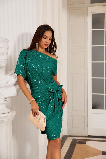 Women's One-Shoulder Sequin Bodycon Cocktail Dress