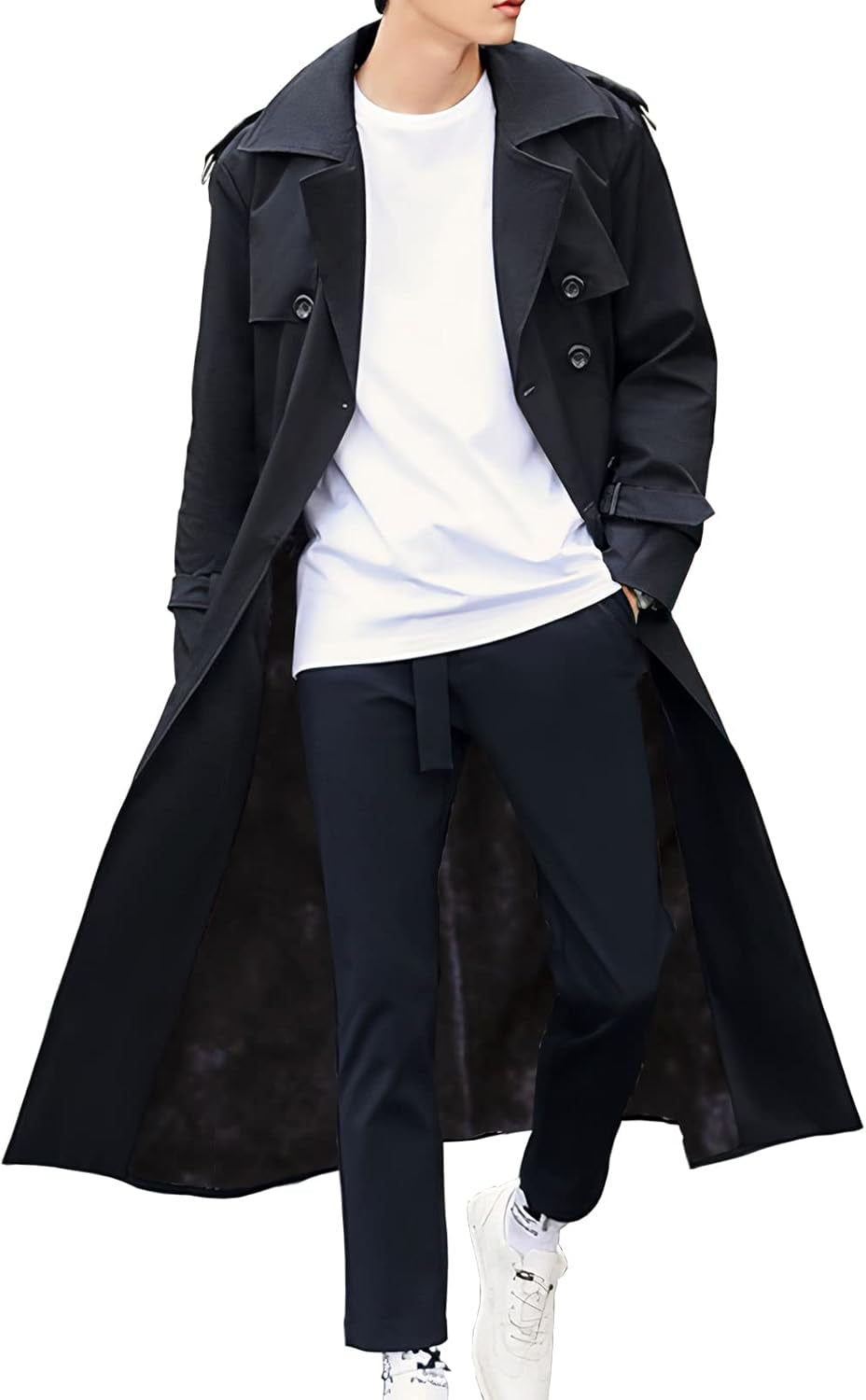 Men's Oversized Double-Breasted Trench Coat - Casual Windbreaker with Lapel, Long Jacket Overcoat