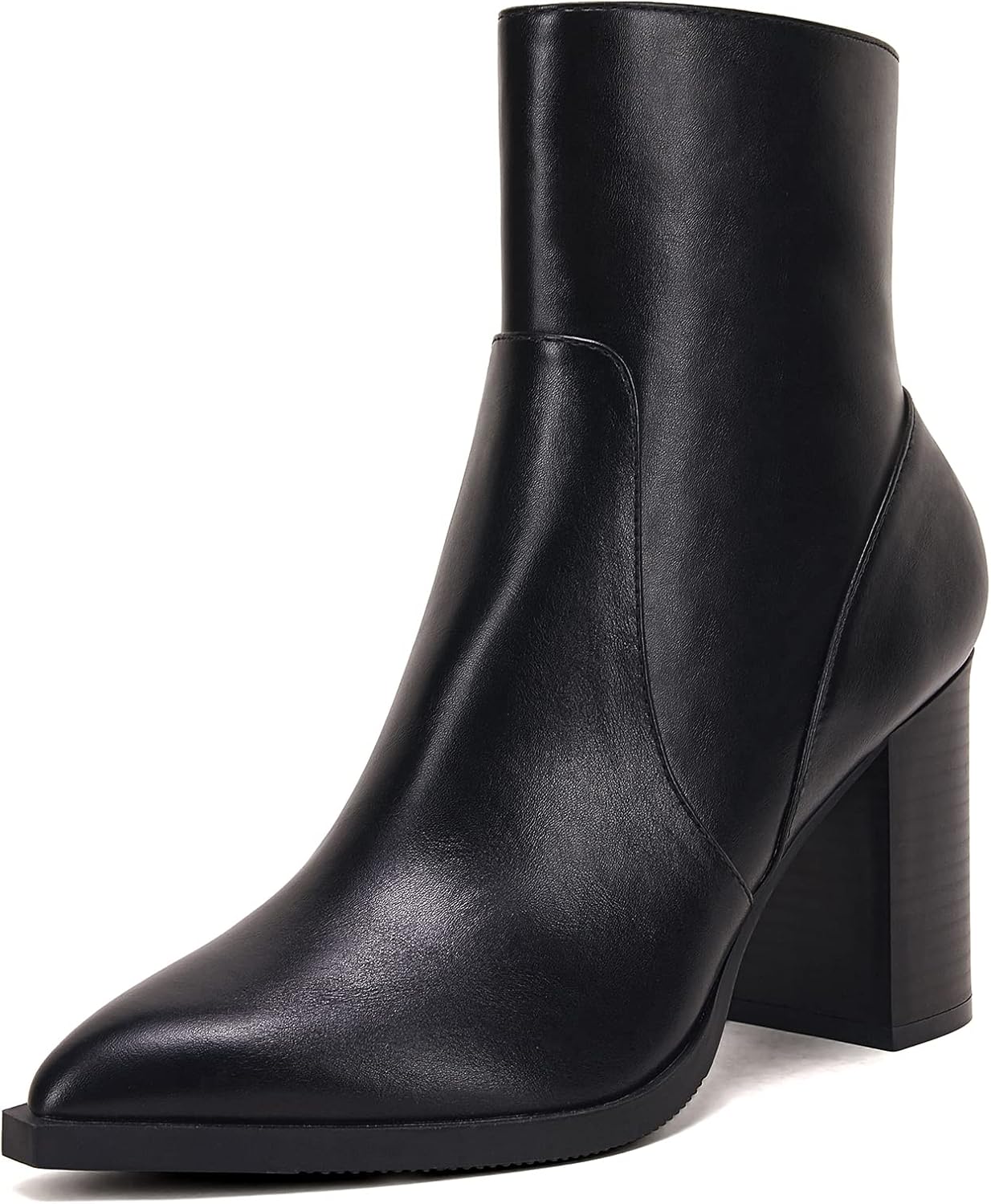 Women's Pointed Toe Faux Leather Ankle Boots with Chunky Heel