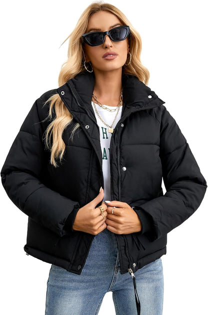 Women's Cropped Puffer Jacket with Stand Collar