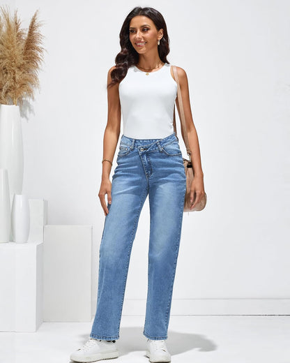 Women's High-Waisted Baggy Straight-Leg Crossover Jeans