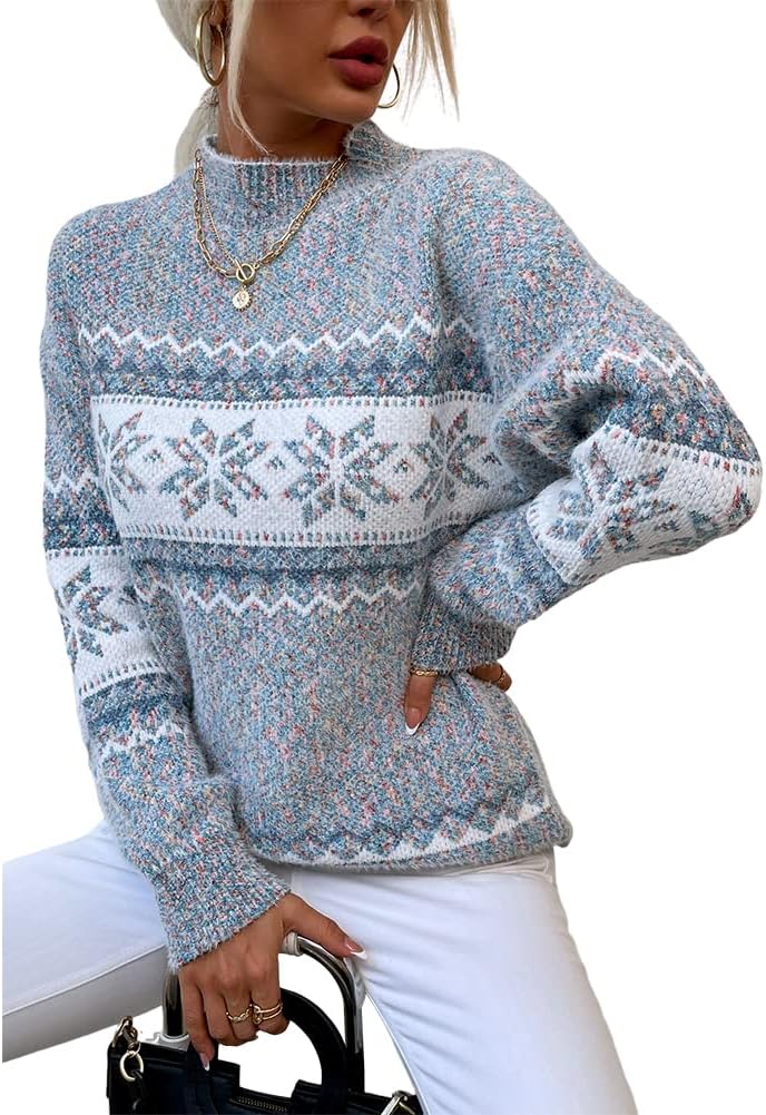 Women's Casual Snow Print Knit Pullover Sweater - Long Sleeve Crew Neck Top