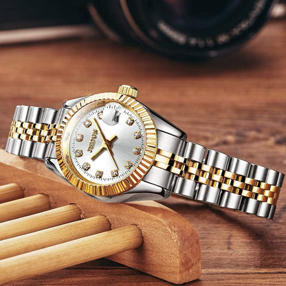 Women's Gold Automatic Watch – Waterproof Stainless Steel Dress Watch with Date