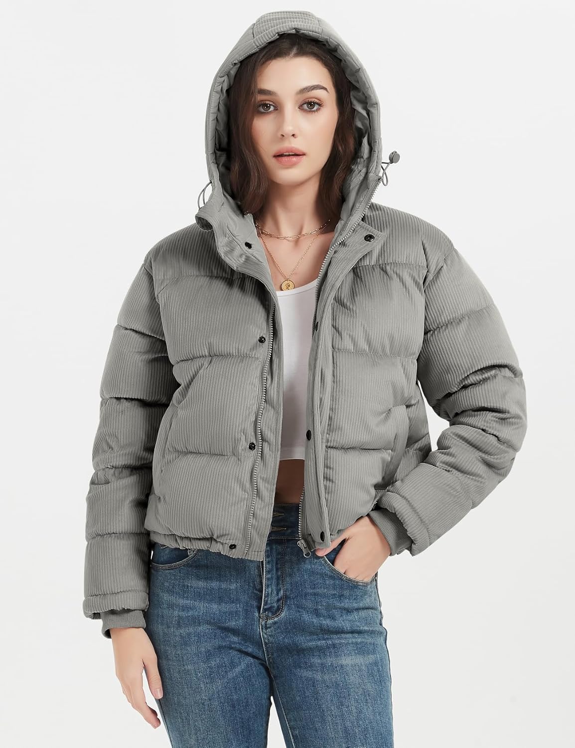 Women's Cropped Puffer Jacket with Corduroy and Hood