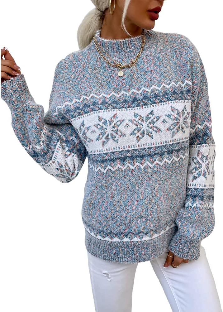 Women's Casual Snow Print Knit Pullover Sweater - Long Sleeve Crew Neck Top