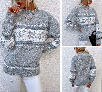 Women's Casual Snow Print Knit Pullover Sweater - Long Sleeve Crew Neck Top