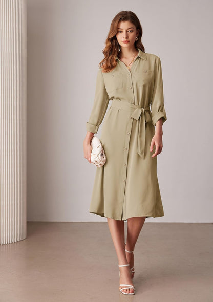 Women's Long Sleeve Button-Down Shirt Dress with Tie Waist