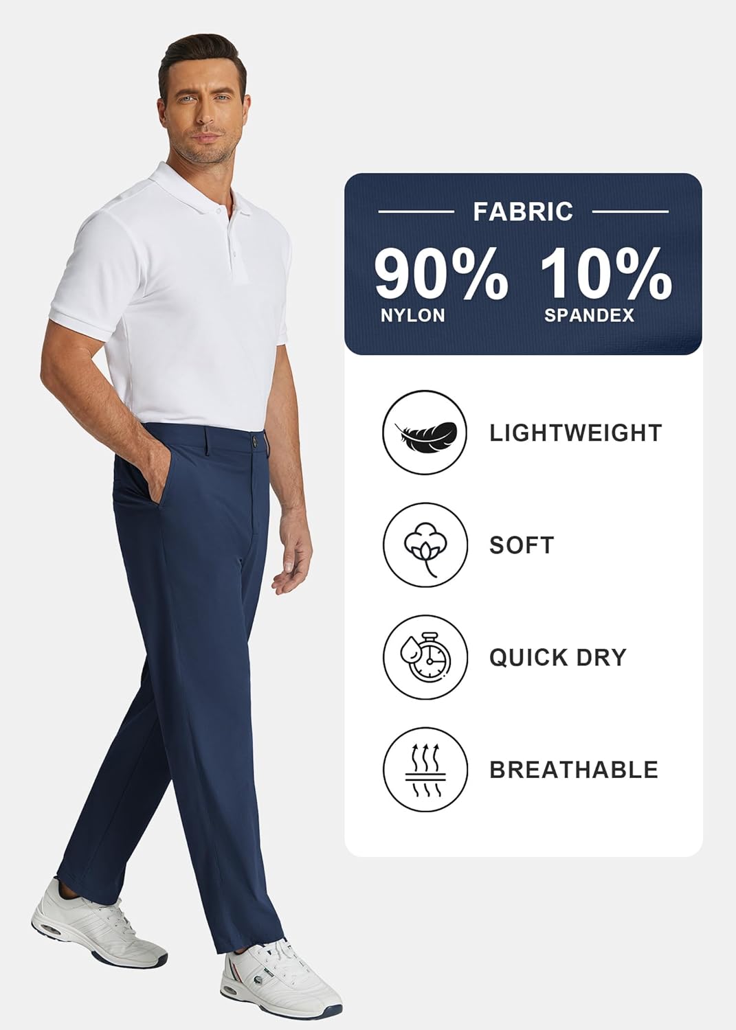 Men's Classic Fit Casual Pants - Lightweight Golf Trousers with Elastic Waist