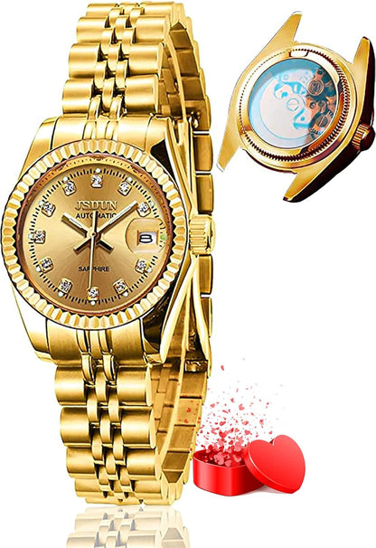 Women's Gold Automatic Watch – Waterproof Stainless Steel Dress Watch with Date