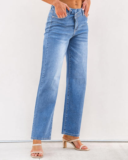 Women's High-Waisted Baggy Straight-Leg Crossover Jeans