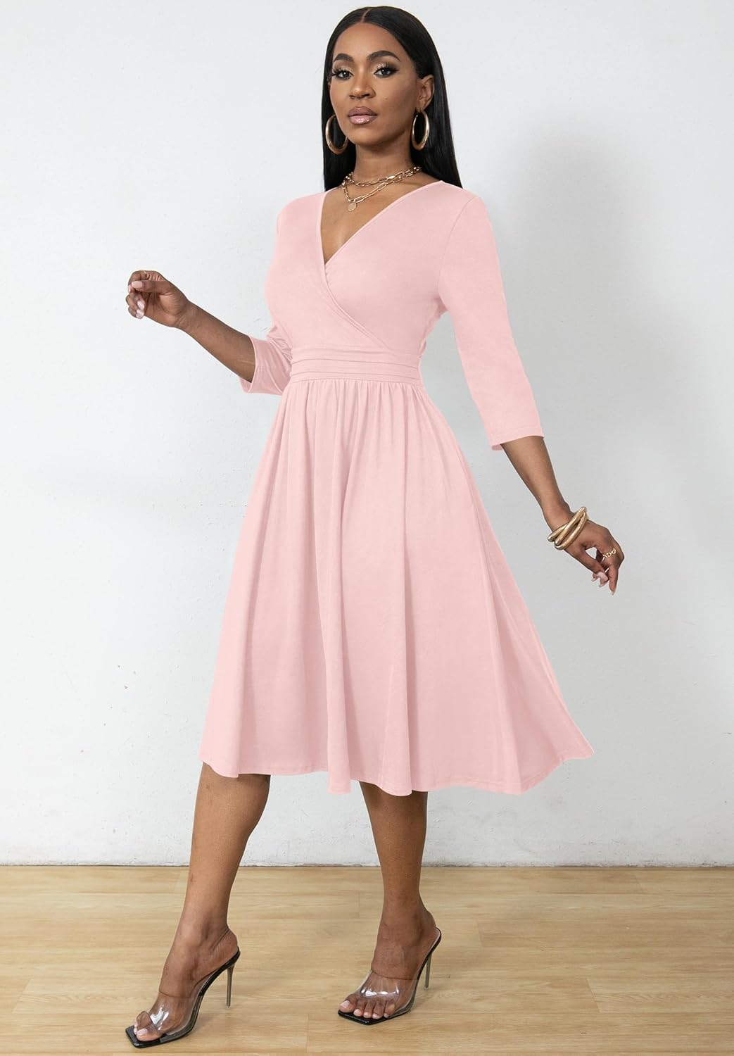 Women's V-Neck Wrap Midi Dress with Pockets and 3/4 Sleeves