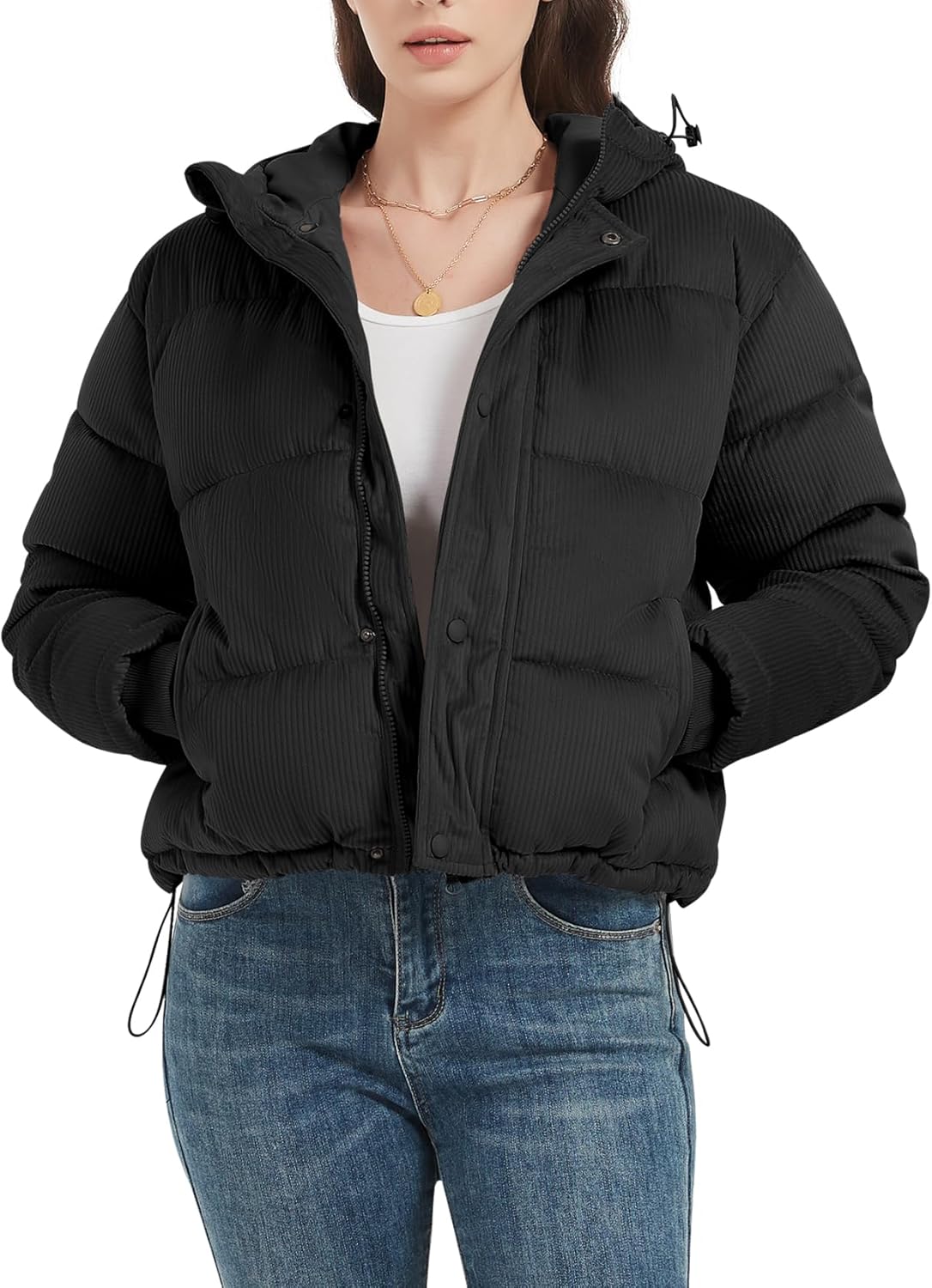 Women's Cropped Puffer Jacket with Corduroy and Hood