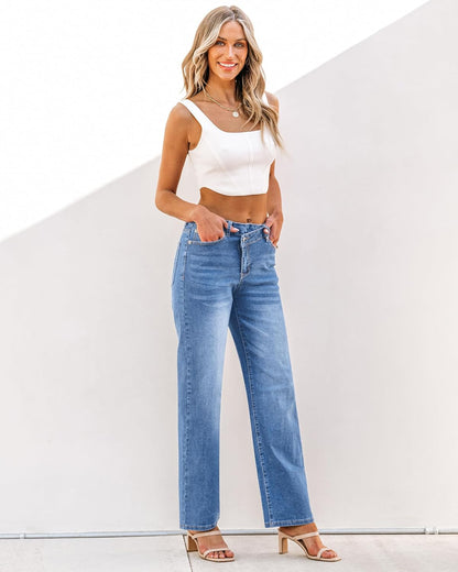 Women's High-Waisted Baggy Straight-Leg Crossover Jeans