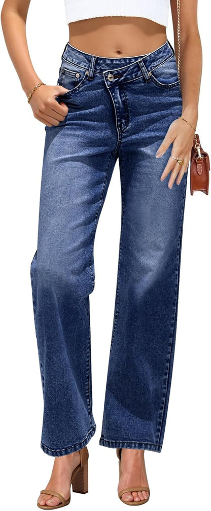 Women's High-Waisted Baggy Straight-Leg Crossover Jeans