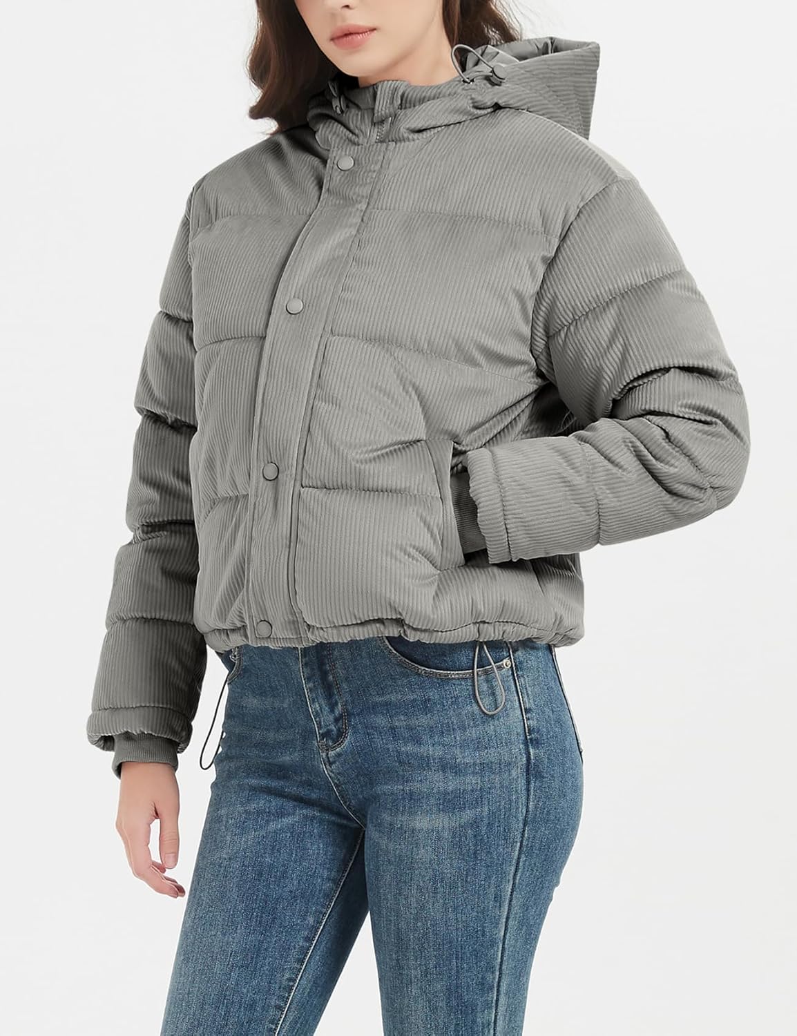 Women's Cropped Puffer Jacket with Corduroy and Hood