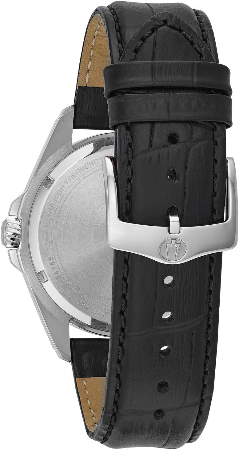 Bulova Men's Precisionist 3-Hand Calendar Stainless Steel Watch with Black Leather Strap and Blue Dial 