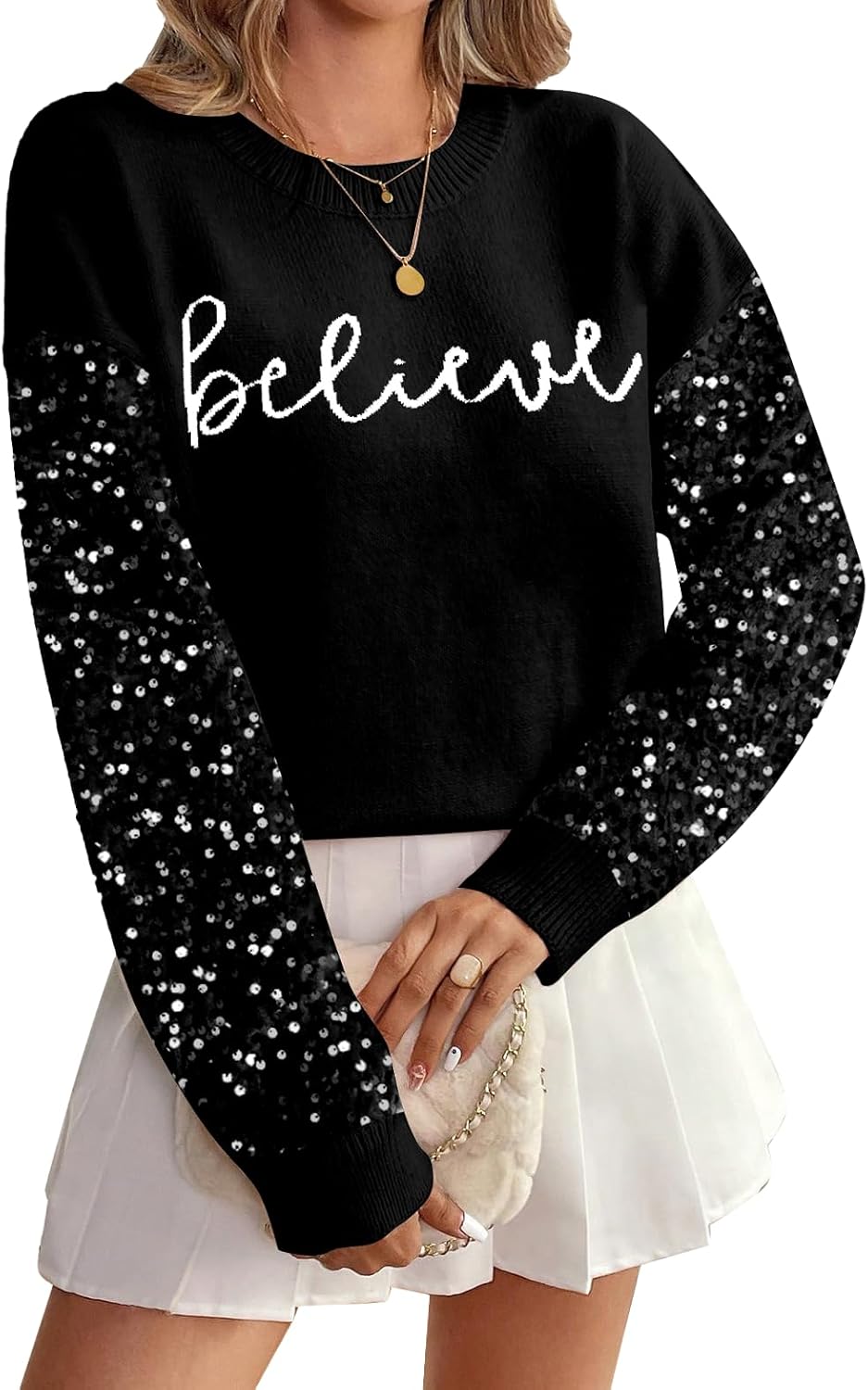 Sparkling Joy Christmas Sequin Sweater – "Believe" Holiday Edition