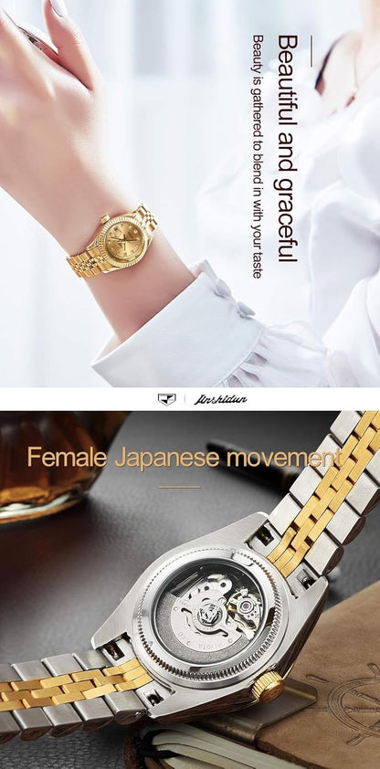 Women's Gold Automatic Watch – Waterproof Stainless Steel Dress Watch with Date