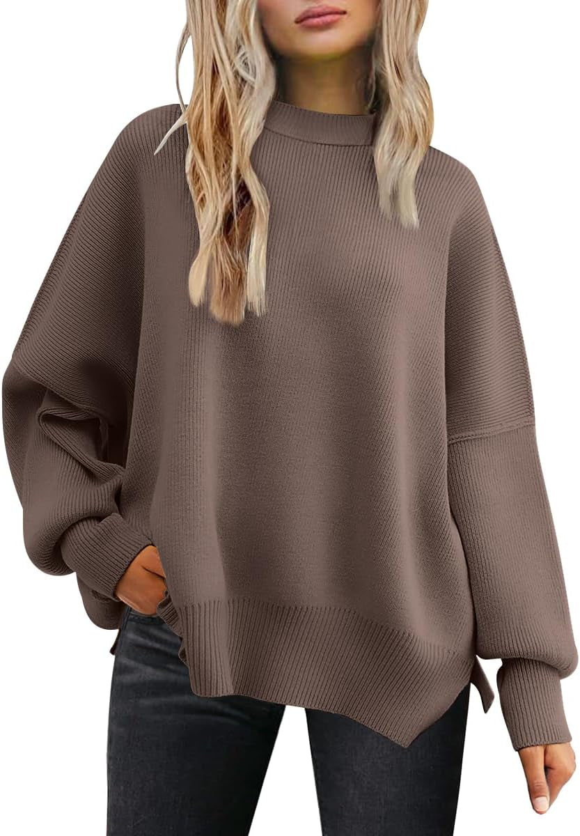 Women's Oversized Batwing Sweater - Ribbed Knit Crewneck Pullover with Side Slit